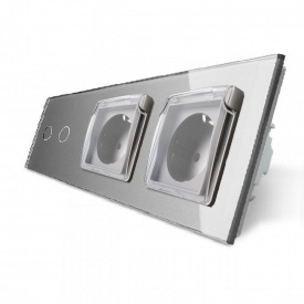 Сенсорный выключатель 2 канала Двойная розетка с крышкой IP44 Livolo серый стекло (VL-C702/C7C2EUWF-15)