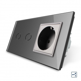 Сенсорный проходной выключатель Livolo 2 канала с розеткой серый стекло (VL-C702S/C7C1EU-15)