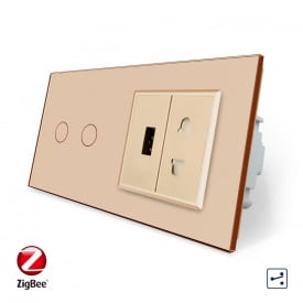 Умный сенсорный проходной выключатель 2 сенсора 1 розетка 1 USB золотой стекло Livolo (VL-C702SZ/C7USBC1A-13)