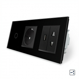Сенсорный проходной выключатель 1 сенсор 1 розетка 1 USB 1 розетка универсальная черный стекло Livolo