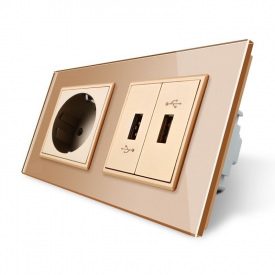 Розетка із заземленням з 2 USB розетками золоте скло Livolo (VL-C7C1EU2USB-13)