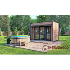 Модульная баня 3,0х2,3м с панорамным окном Gartensauna-18 от Thermowood Production под ключ от производителя Иршава