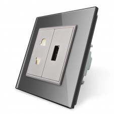 Розетка універсальна з USB розеткою сірий скло Livolo (VL-C7C1AUSB-15)