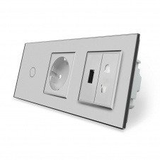 Умный сенсорный проходной выключатель 1 сенсор 1 розетка 1 USB 1 розетка универсальная серый стекло Livolo