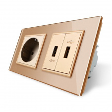 Розетка із заземленням з 2 USB розетками золоте скло Livolo (VL-C7C1EU2USB-13)