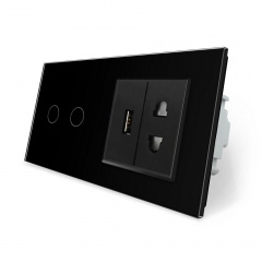 Умный сенсорный проходной выключатель 2 сенсора 1 розетка 1 USB черный стекло Livolo (VL-C702SZ/C7USBC1A-12) Надворная