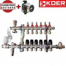 Коллекторный узел в сборе для системы "ТЕПЛЫЙ ПОЛ" KOER KR.S1011-06 на 6 выходов из нержавеющей стали с байпасом (Чехия)