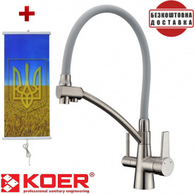 Смеситель для кухни с выходом для питьевой воды Koer KB-72003-02, Чехия (цвет нерж) серый силиконовый гусак + подарок Картина-обогреватель