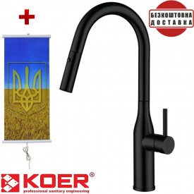 Смеситель для кухни из нерж. стали с выдвижным изливом Koer KI-70004-05, Чехия (цвет черный) + подарок Картина-обогреватель