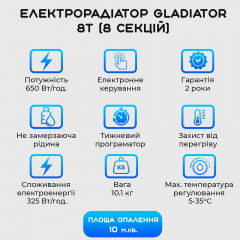 Електрорадіатор Gladiator 8T (8 секцій) стандарт 500/80 программатор 0 65кВт Жмеринка