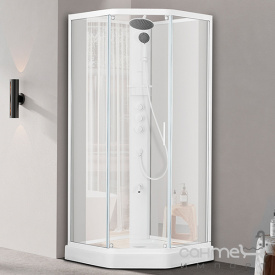 Пентагональный душевой бокс Dusel Glare 559003 профиль матовый белый, стекло прозрачное, задние стенки белые