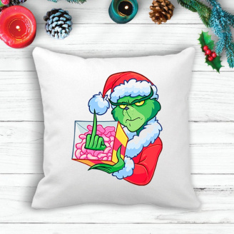 Подушка с новогодним принтом Гринч The Grinch Подарок F*CK Белый Кавун П003596