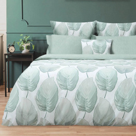Постельное белье Кот Муркот Полуторный С нежными крупными светло-зелеными листьями (VD_Аурелія_П)