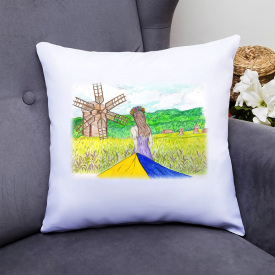 Подушка декоративная с принтом "Пейзаж с полем, девушкой и мельницей" Белый Кавун П000359