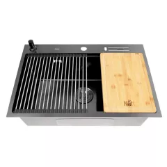 Кухонная мойка Nett NB-7048 700х480 с PVD покрытием черная из нержавейки (1,5 мм) + смеситель Хуст