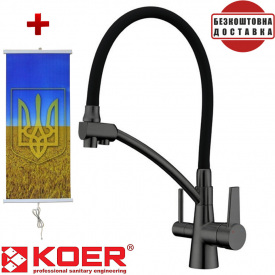 Смеситель для кухни с выходом под осмос Koer KB-72003-07, Чехия (цвет графит) черный силиконовый гусак + подарок Картина-обогреватель