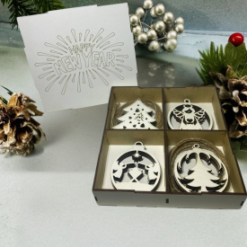 Набор деревянных ёлочных игрушек "Happy New Year" в кробке 20 шт,4 вида,размер 18х18х4,5 см