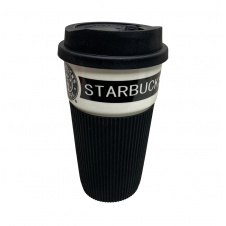 Стакан керамічний із силіконовою кришкою UKC 400 мл Starbucks 9703 чорний з білим