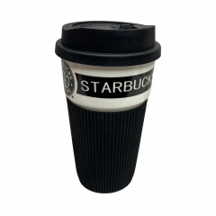 Стакан керамічний із силіконовою кришкою UKC 400 мл Starbucks 9703 чорний з білим Полтава