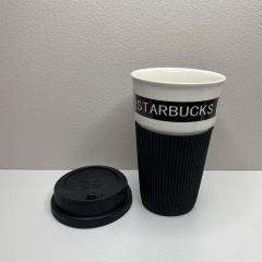 Стакан керамічний із силіконовою кришкою UKC 400 мл Starbucks 9703 чорний з білим Полтава