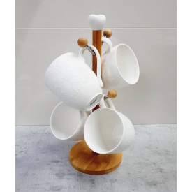 Набір фарфорових кружок Мереживо на дерев'яній стійці 300 мл Interos PJ 02557