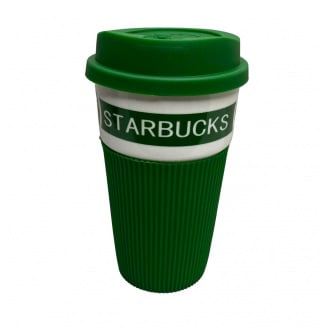 Стакан керамический с силиконовой крышкой UKC 400 мл Starbucks 9703 зеленый с белым