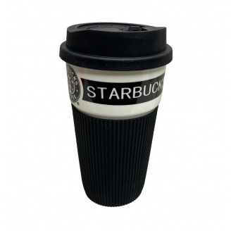 Стакан керамический с силиконовой крышкой UKC 400 мл Starbucks 9703 черный с белым
