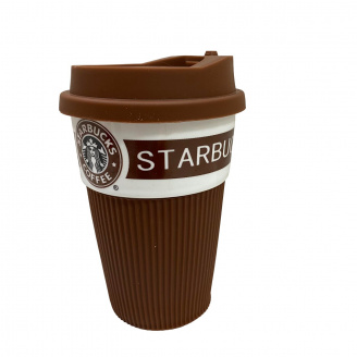 Стакан керамический с силиконовой крышкой UKC 360 мл Starbucks 9702 коричневый с белым