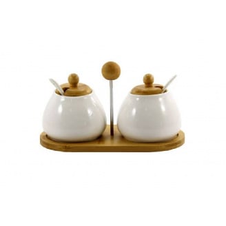 Набор емкостей фарфоровых для соли и сахара Interos на деревянной подставке 300 мл PJ02197