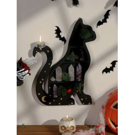 Полка настенная декоративная, полка Кошка деревянная для хранения декора, черная со звездами, 35×23см