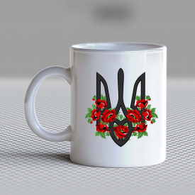 Кружка чашка белая с принтом "Черный герб Украины в красных маках" Кавун