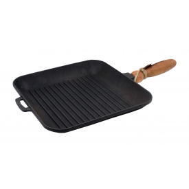 Сковорода-гриль чугунная с деревянной ручкой Maysternya 28х28 см Черный