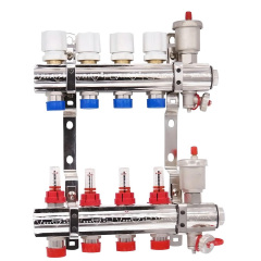 Коллектор теплого пола HLV 1″3/4″ c 4 выходами, с расходомерами + сливная группа Обухів