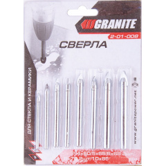 Набор сверл - пика для стекла и плитки Granite 8 шт 4х60/5х65/2 шт 6х68/2 шт 8х70/10х85/12х90 мм (2-01-008) Калуш