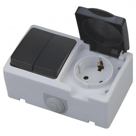 Розетка с заземлением с крышкой Horoz Electric + выключатель двухклавишный ATOM (112-100-0005-010)