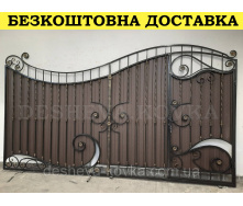 Кованые ворота из встроенной калиткой и профнастилом