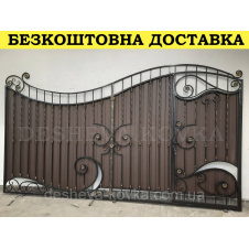 Кованые ворота из встроенной калиткой и профнастилом