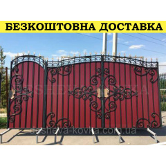 Ворота кованые из профнастилом и калиткой Код: А-01231 Вишневе