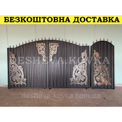 Ворота кованые из профнастилом и калиткой Код: А-01219 Вишневое