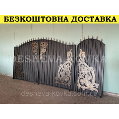 Ворота кованые из профнастилом и калиткой Код: А-01219 Вишневое