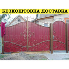Ворота кованые из профнастилом и калиткой Код: А-01245 Вишневе