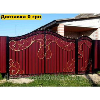 Кованые ворота из коваными элементами из профнастила