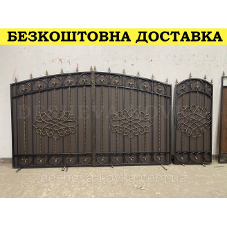 Ворота кованые из профнастилом и калиткой Код: А-01234