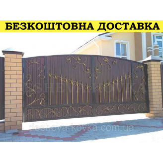 Ворота кованые из профнастилом и калиткой Код: А-01233