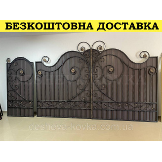 Ворота с коричневым матовым профнастилом и ковкой в ​​НАЛИЧИИ