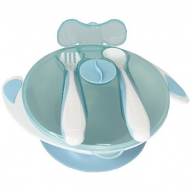 Тарілка на присосці з ложкою та виделкою Mega Zayka MGZ-0109 (Light-Blue) 350 мл