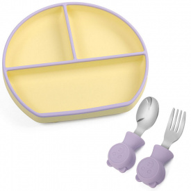 Силиконовая трехсекционная тарелка 2Life Y11 и металлические приборы Y2 Желтый с фиолетовым (v-11545)