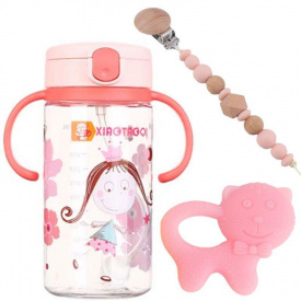 Дитячий поїльник-непроливайка з прорізувачем та намистинами 2Life 3 предмети Рожевий (v-12535)