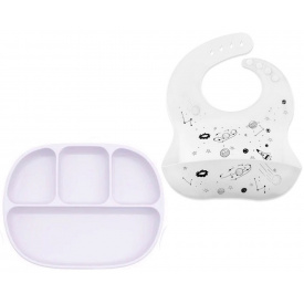 Набір силіконовий посуд 2Life D1 та слинявчик космос Світло-рожевий/Білий (v-11777)