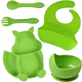 Набор силиконовая тарелка форма белки слюнявчик тарелка для первых блюд ложка вилка 2Life Y7 5 шт Зелёный (vol-9752)